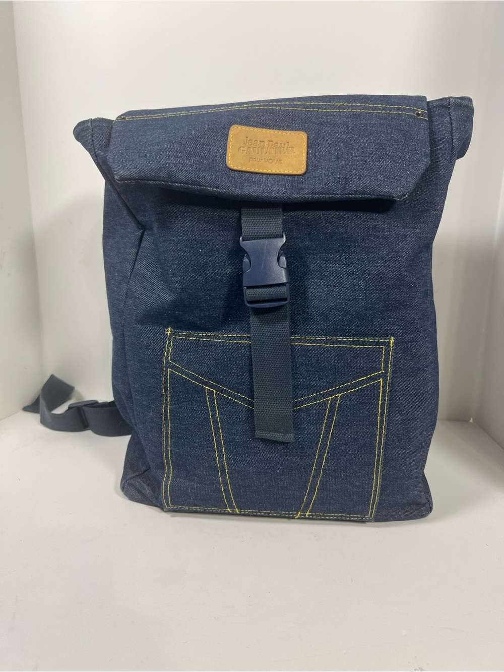 Jean Paul Gaultier Denim Backpack in Navy with Yellow Stitching